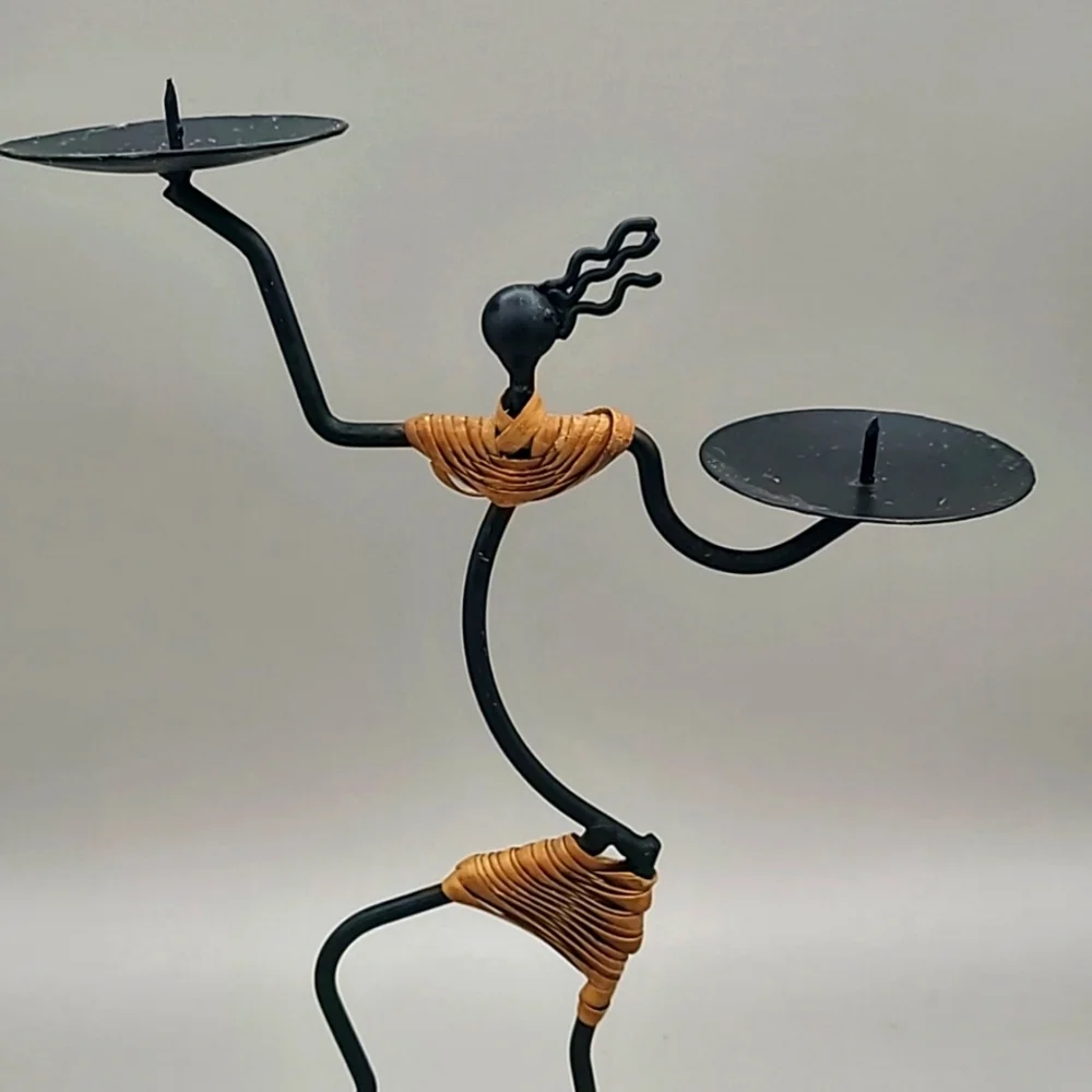 Tribal Black & Wicker Metal Figurine Candleholder